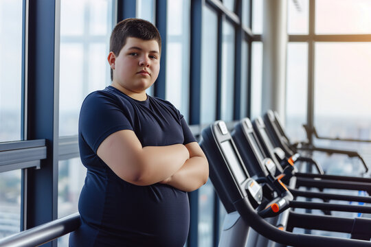 Portrait of a nice fat boy in the gym