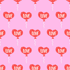 Cute balloons in the shape of a heart. Hand drawn seamless pattern. Modern romantic print.