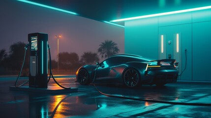 Futuristic Electric Sports Car Powering Up at Urban Charging Station Under Neon Lights
