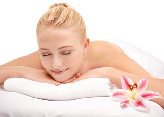 Obraz na płótnie Canvas Relax, rest and woman at spa with flower for luxury holistic treatment, facial health and professional massage therapy. Self care, peace and refresh for girl on bed in natural sleep for body wellness
