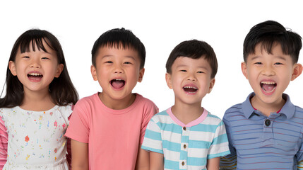 A portrait of four Asian children having fun laughing on white background. Happy, smiling and joyful children. PNG