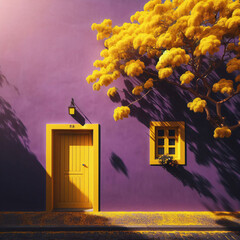 A purple wall forms a captivating backdrop for the vivid shadows of a yellow flowered tree. In the middle, a yellow door bathed in light sunlight, accompanied by a distant yellow window