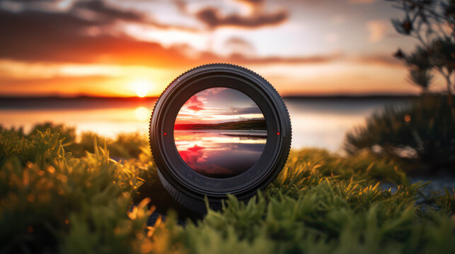 Photography shows a DSLR camera with lens, with an outdoor view at sunrise in the background.