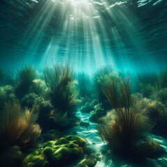 A bluish green water, under water plants, sunlight falling inside the ocean, f/13, wide angle, photography