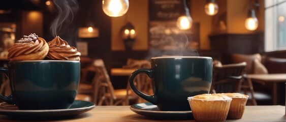 Indulge in a cozy moment with a steaming cup of coffee and a freshly baked muffin, served on delicate porcelain tableware in the comfort of a charming coffeehouse - obrazy, fototapety, plakaty