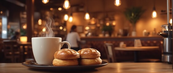 Indulge in a cozy morning ritual with a delectable spread of pastries and a steaming cup of coffee, set on a charming table adorned with elegant serveware and a flickering candle