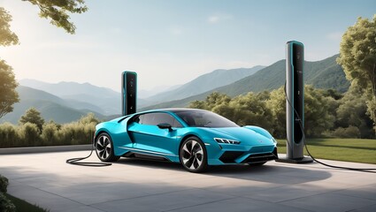 A sleek blue sports car gleams in the sunlight as it charges at a station, its powerful wheels ready to conquer both land and sky with its luxurious design and alloy rims, surrounded by towering tree