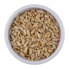 Peeled sunflower seeds in a white bowl isolated transparent