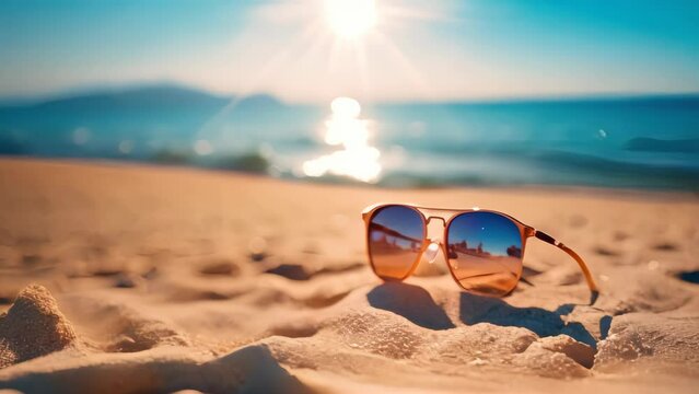 Sunglasses on sand at summer beach with sunshine holiday vacation background.