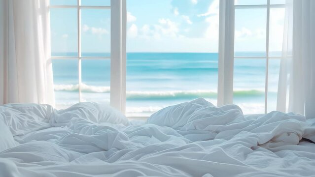 White messy bedding and big window with view to beautiful sea. 