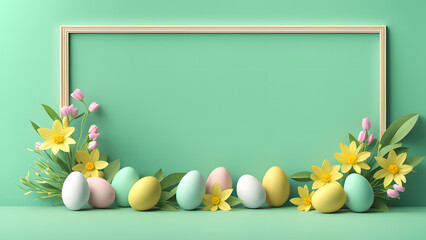 3D Easter Day Floral Frame Design Showcasing Flowers, Leaves, and Eggs in an Exclusive Composition. Against a Minimalist Green Pastel Background