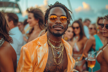 Fototapeta na wymiar A man in sunglasses enjoys a yacht party