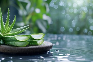 Aloe vera and water background for natural cosmetics - obrazy, fototapety, plakaty