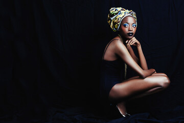 Black woman, turban and thinking with fashion, head scarf and mockup in studio. Cosmetics, trendy...