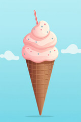 Sweet Summer Delights: A Whimsical Illustration of Delicious Ice Cream Cones, Creamy and Tasty, with Cold Vanilla and Chocolate Flavors, on a Pink Wafer Cone Background.