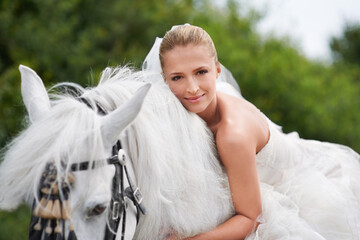 Bride, woman and riding with horse or portrait outdoor with happiness for celebration, marriage and confidence. Wedding, person and stallion on lawn in field with smile, dress and animal at ceremony