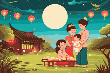 vector illustration of chinese family celebration full moon