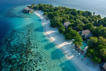 Fototapeta premium Aerial view capturing the serene beauty of a tropical beach with crystal-clear waters and pristine white sand Perfect for a peaceful getaway
