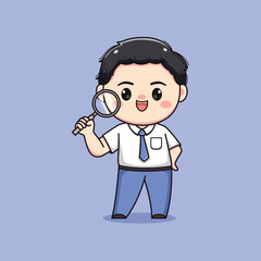 cute high school student boy with magnifying glass chibi kawaii