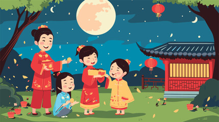 vector illustration family gathering dinner with full moon