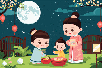 vector illustration family gathering dinner with full moon