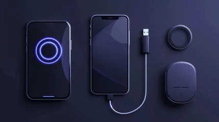 Poster Charging a smartphone with a realistic wireless charger. 3D energy battery refills. Plug socket featuring USB cords. Auto charging adaptor. Isolated mobile devices. A vector set of digital accessories © Orxan