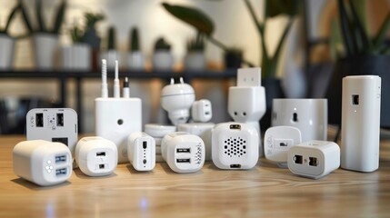 Different universal plug adapters, travel adapters - obrazy, fototapety, plakaty