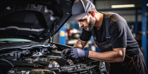 Fototapeta na wymiar Mechanical Car Engineer in Garage: Skilled Technician Fixing Automotive Maintenance and Repair