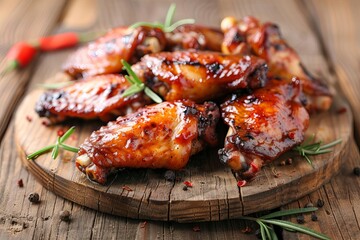 Macro shot of succulent bbq chicken wings on a rustic wooden table