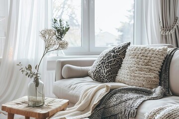 Nordic style living room Minimalist design with cozy textiles and natural light Modern home decor - obrazy, fototapety, plakaty