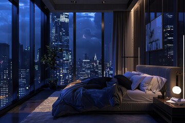 Luxuriously appointed penthouse bedroom at night Featuring floor-to-ceiling windows with a breathtaking cityscape view Embodying urban elegance and modern comfort.
