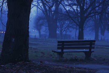 Evening park scene with a wooden bench Enveloped in mist Providing a serene and mysterious atmosphere for contemplation.