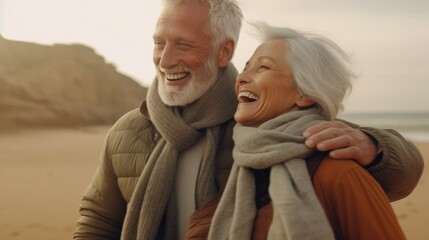 very happy elderly couple walking on the beach, happy retirement, travel in retired couples