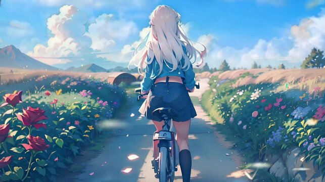 In a charming animated scene, a woman with a cheerful smile pedals her bike along a countryside road adorned with colorful flowers.Seamless looping time-lapse animation video background  Generated AI