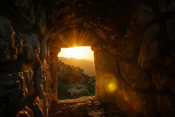 Sunrise illuminating the empty tomb of jesus christ Symbolizing hope Resurrection And the promise of new beginnings.