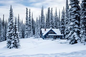 Beautiful winter landscape with snow covered house in the mountains. Blue toned.