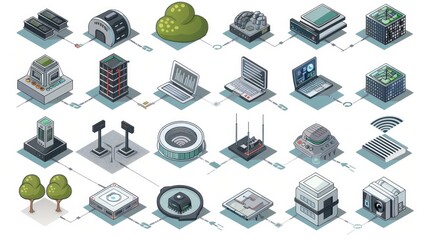 Detailed isometric icons set illustrating networking, represented in vector graphics - obrazy, fototapety, plakaty