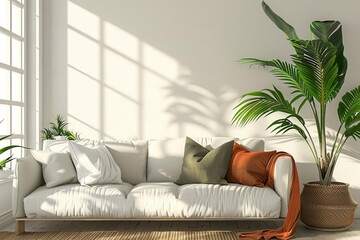 Contemporary living room setup with a design-forward sofa Vibrant tropical plant And chic decor elements Reflecting modern interior design trends.