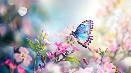 Peaceful Beautiful Butterflies Close Up On Flowers In The Meadows (Generative AI)