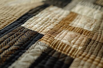 Contemporary textile art in the form of a modern quilted wall hanging Showcasing an abstract pattern in earth tones. the natural lighting accentuates the detailed stitch work Adding depth and texture