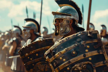 Fotobehang Roman gladiators in combat Historical reenactment of ancient warriors Strength and bravery © Jelena