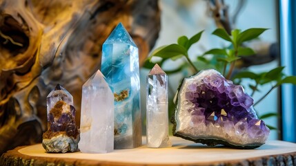 Amethyst and Quartz Gemstones On Display Spiritual Healing Set (Generative AI)