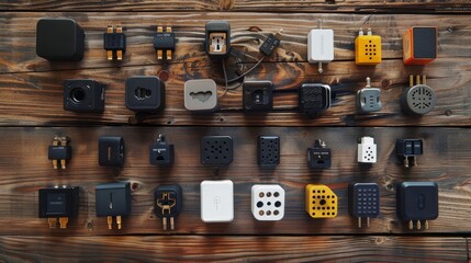 Universal plug adapters placed on a wooden background - obrazy, fototapety, plakaty