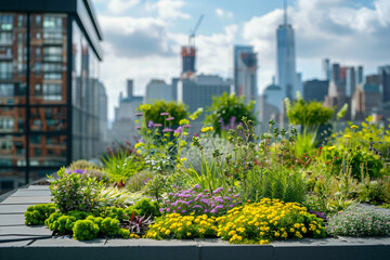 Fototapeta premium Rooftop Greenery and Urban Skyline - Eco-Friendly Space Stock Image