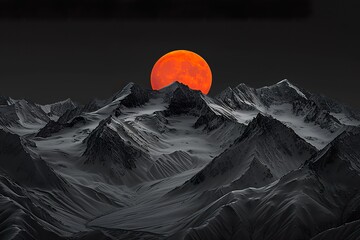 Snowy mountains surrounded by symmetry, in the center, is a black and red big sun from the evening with reflection, Minimalist Chinese classical style, striking, dark grey and red