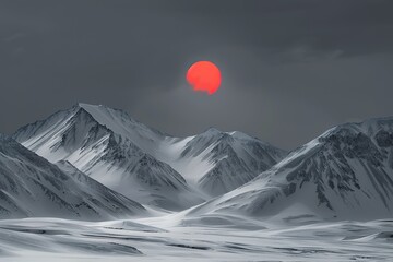 Snowy mountains surrounded by symmetry, in the center, is a black and red big sun from the evening with reflection, Minimalist Chinese classical style, striking, dark grey and red