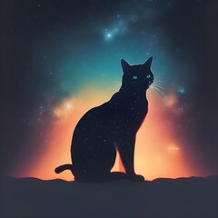 Silhouette of a cat, double exposure blending together a cat and stars, vintage colors, 80's vibes, minimalist Generative AI
