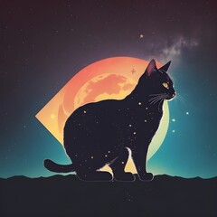 Silhouette of a cat, double exposure blending together a cat and stars, vintage colors, 80's vibes, minimalist Generative AI
