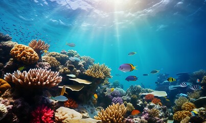 Fototapeta na wymiar Underwater of sea full color coral and various kinds of fish view on top Ai Image Generative