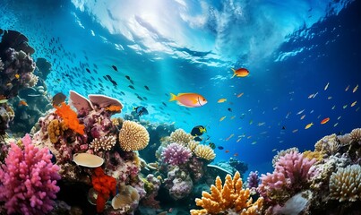 Naklejka na ściany i meble Underwater of sea full color coral and various kinds of fish view on top Ai Image Generative